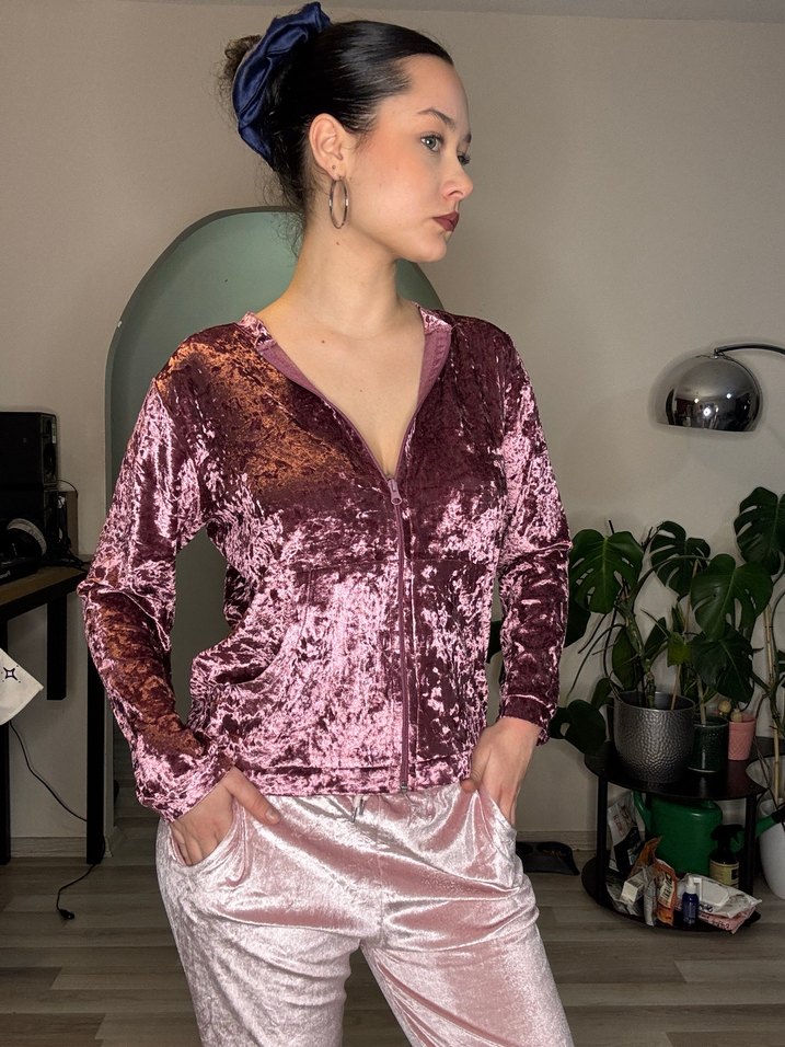 Kadın Parlak Pembe Kadife Eşofman Takımı - Görsel 2