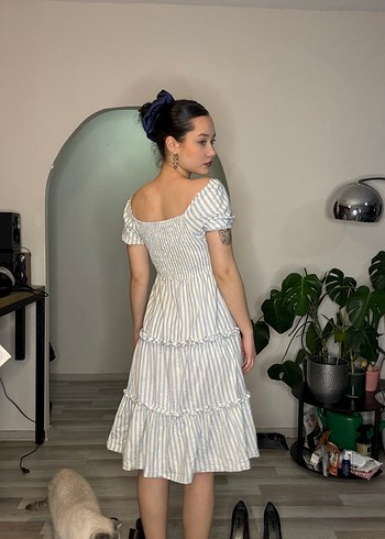 Pamuklu Çizgili Midi Elbise - Görsel 2