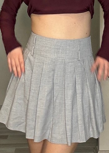 Gri Pilili Kadın Midi Keten Etek - Görsel 2