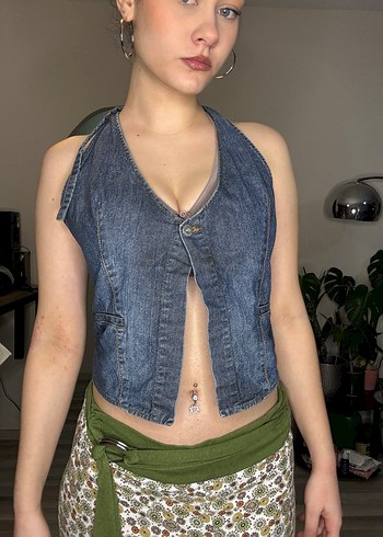 Kadın Lacivert Denim Straplez Düğmeli Yelek - Görsel 2