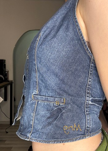 Kadın Lacivert Denim Straplez Düğmeli Yelek - Görsel 4