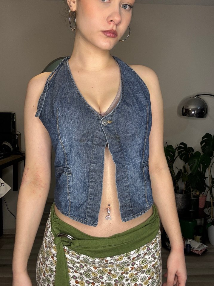 Kadın Lacivert Denim Straplez Düğmeli Yelek - Görsel 2