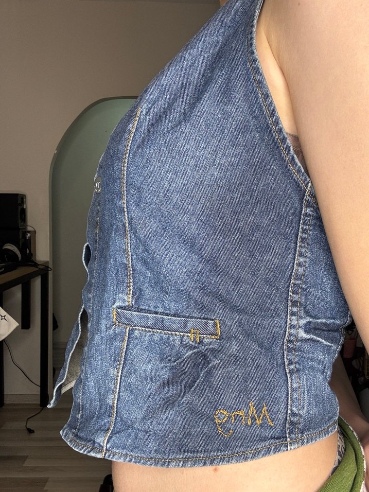 Kadın Lacivert Denim Straplez Düğmeli Yelek - Görsel 4