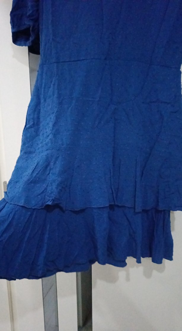 Mavi Keten Midi Elbise V Yakalı - Görsel 2