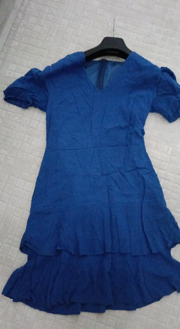 Mavi Keten Midi Elbise V Yakalı - Görsel 4