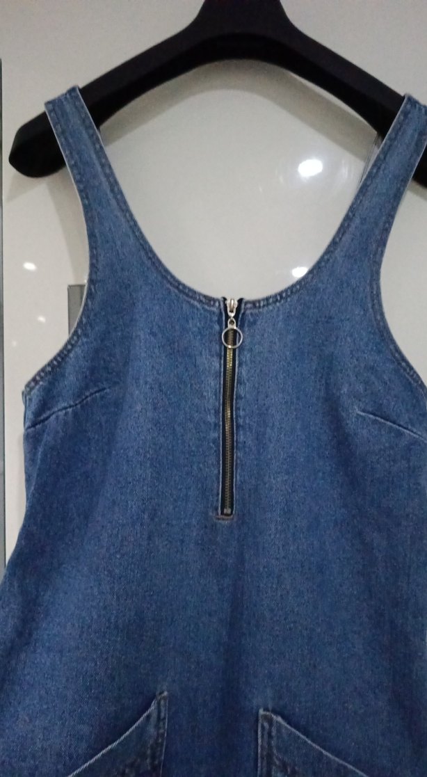 Kadın Lacivert Denim Midi Kısa Tulum - Görsel 3