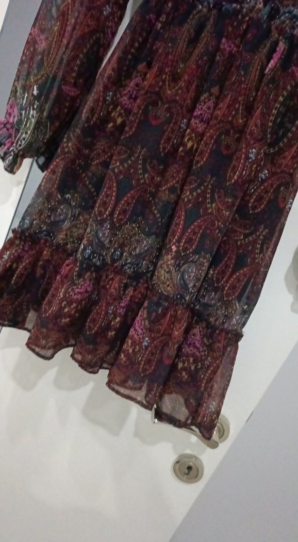 Bohem Bordo Uzun Kollu Fırfırlı Elbise - Görsel 3