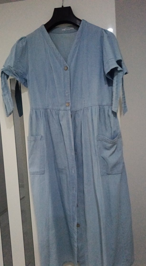 Mavi Düğmeli Uzun Denim Elbise - Görsel 3