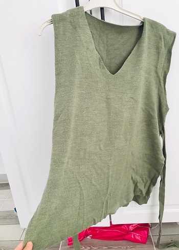 Kadın Keten V Yaka Kolsuz Triko Kazak - Görsel 2