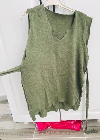 Kadın Keten V Yaka Kolsuz Triko Kazak - Görsel 3