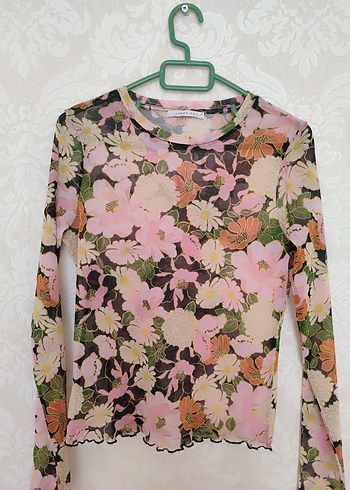 Dantel Detaylı Pembe Çiçekli Uzun Kollu Bluz - Görsel 2