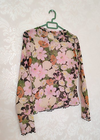 Dantel Detaylı Pembe Çiçekli Uzun Kollu Bluz - Görsel 4