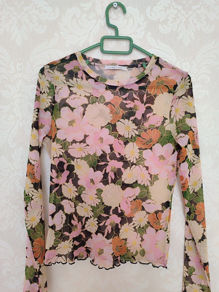 Dantel Detaylı Pembe Çiçekli Uzun Kollu Bluz - Görsel 2