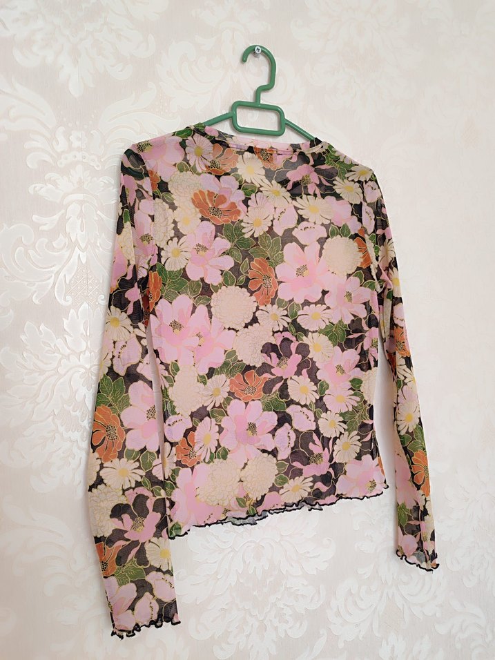 Dantel Detaylı Pembe Çiçekli Uzun Kollu Bluz - Görsel 4