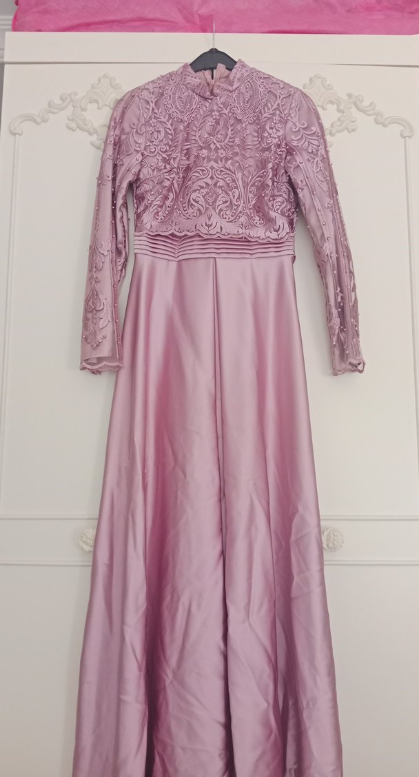 Pembe Dantel İşlemeli Uzun Abiye Elbise - Görsel 3