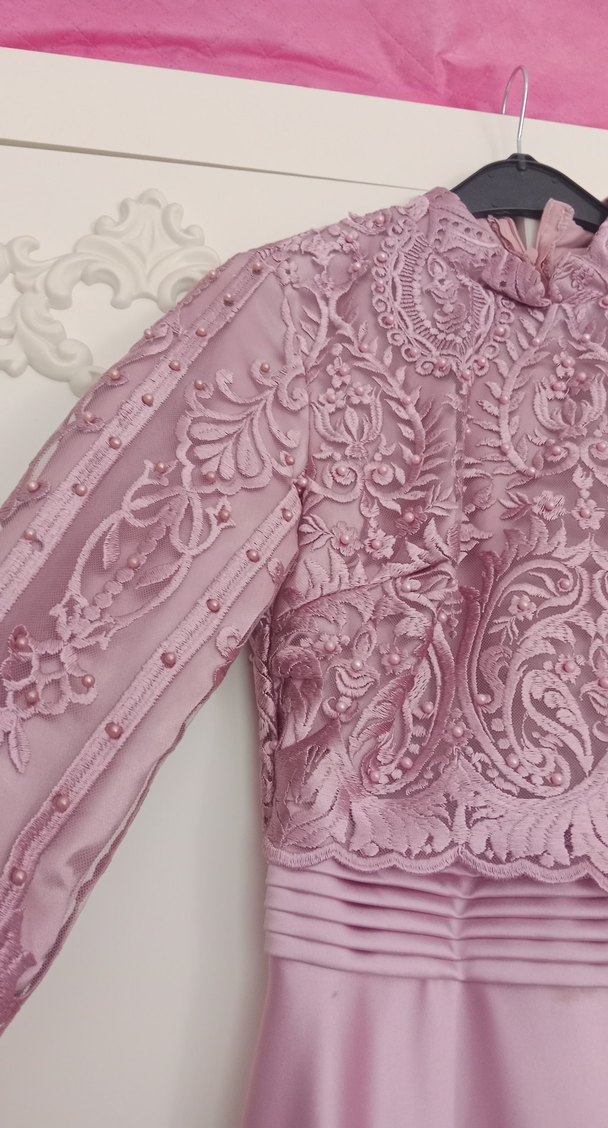 Pembe Dantel İşlemeli Uzun Abiye Elbise - Görsel 2