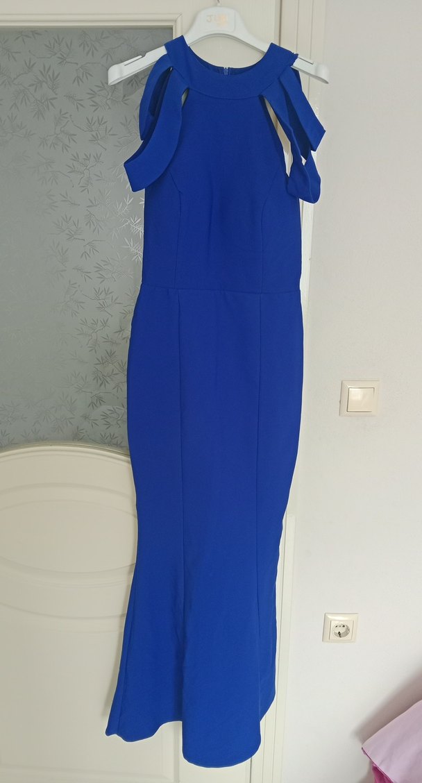 Mavi Uzun Kollarsız Drapeli Kadın Elbise - Görsel 2