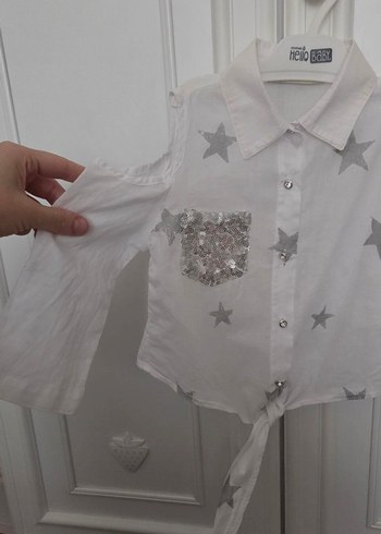 Kız Çocuk Beyaz Gri Yıldızlı Düğmeli Bluz - Görsel 2