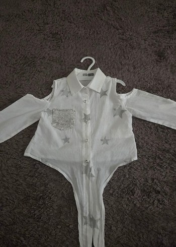 Kız Çocuk Beyaz Gri Yıldızlı Düğmeli Bluz - Görsel 5