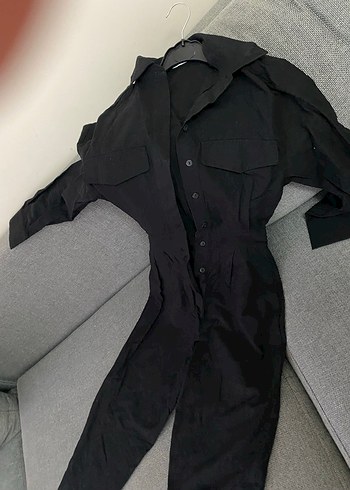 Bershka Düğmeli Siyah Keten Kadın tulum - Görsel 2