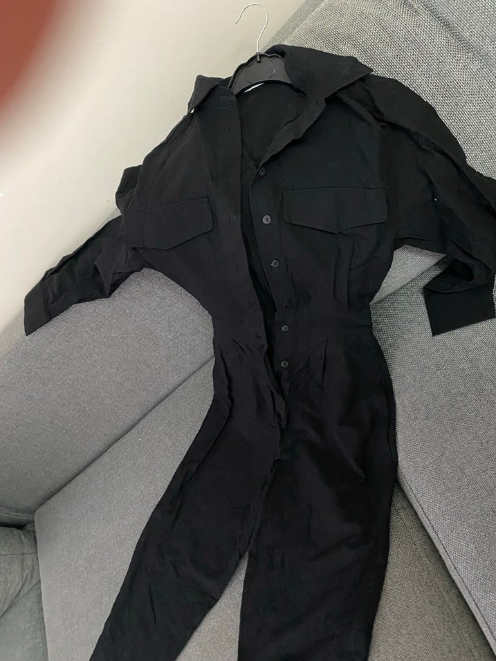 Bershka Düğmeli Siyah Keten Kadın tulum - Görsel 2