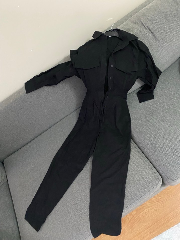 Bershka Düğmeli Siyah Keten Kadın tulum - Görsel 3