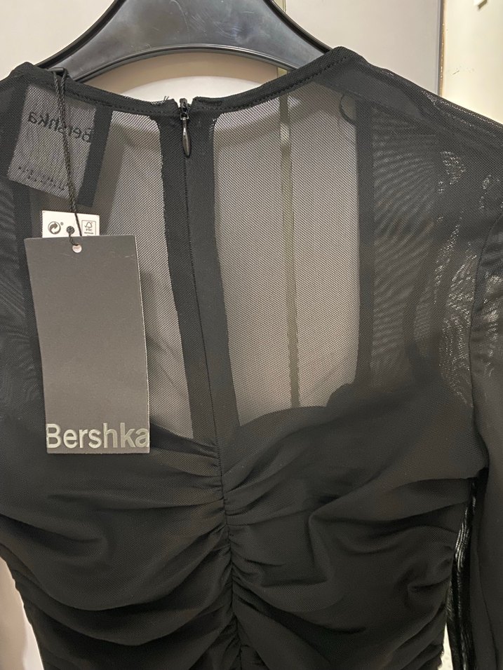 Bershka Siyah Pilili Uzun Kollu Midi Elbise - Görsel 5