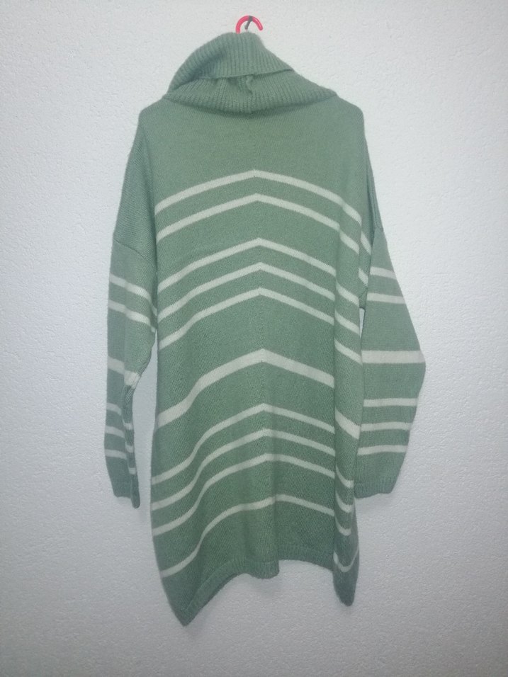 Çizgili Yüksek Yaka Salaş Triko Kadın Kazak - Görsel 2