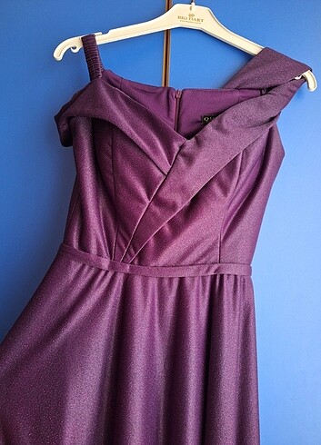 Mor kendinden destekli s beden askılı kısa abiye - Görsel 4