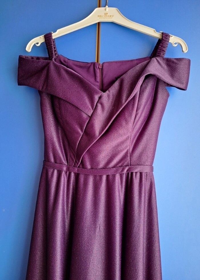 Mor kendinden destekli s beden askılı kısa abiye - Görsel 2