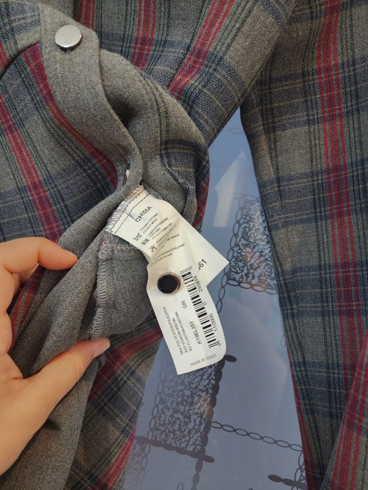 Ekose Desenli Kuşaklı Gri Uzun gömlek elbise - Görsel 3