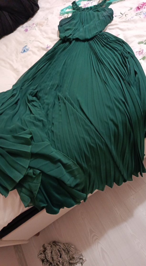 Yeşil Piliseli Uzun Straplez Elbise - Görsel 2