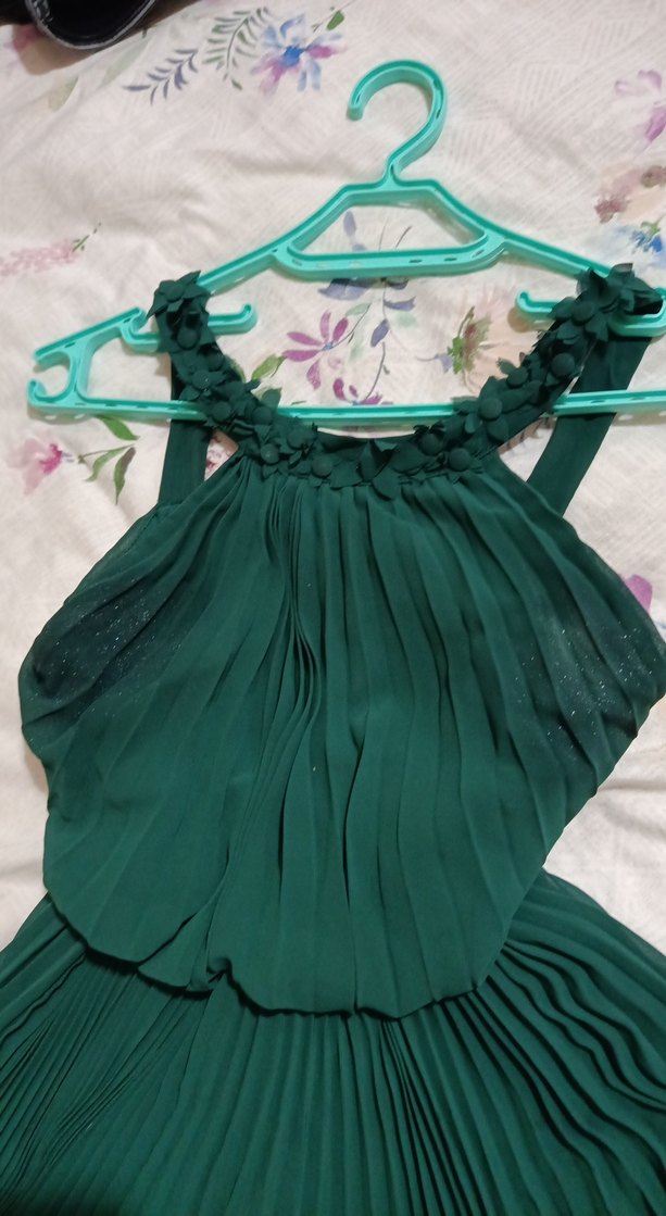 Yeşil Piliseli Uzun Straplez Elbise - Görsel 3