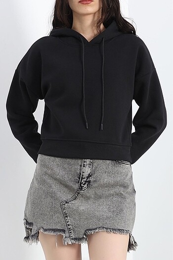 Diğer 3 İplik Kapşonlu Crop Sweat Siyah