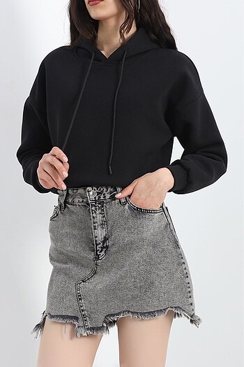 40 Beden 3 İplik Kapşonlu Crop Sweat Siyah