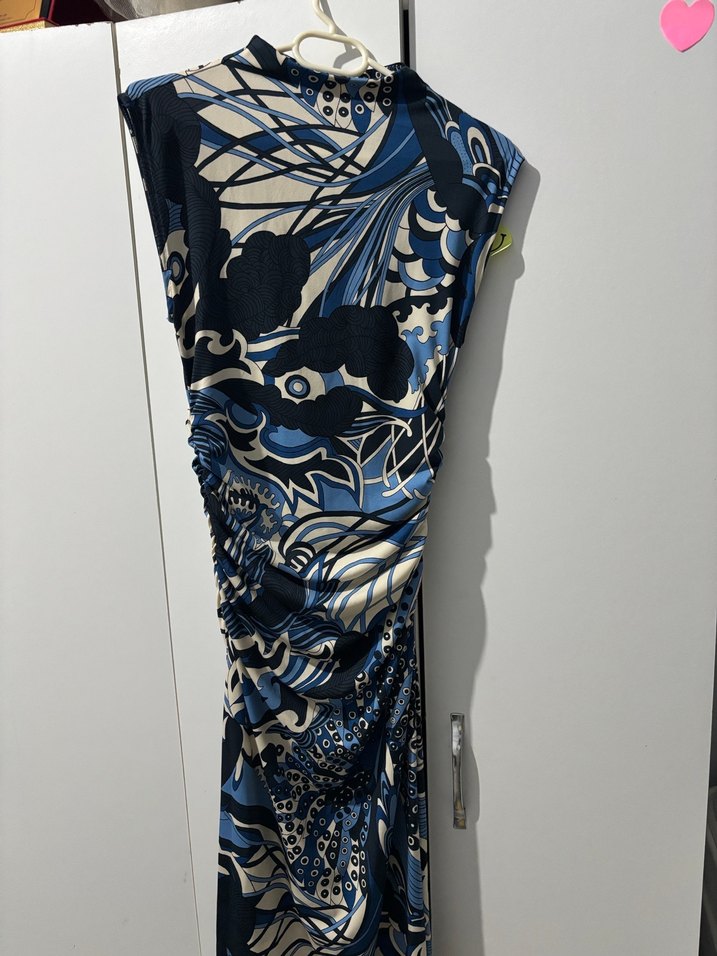 Desenli Yüksek Yakalı midi Elbise - Görsel 3