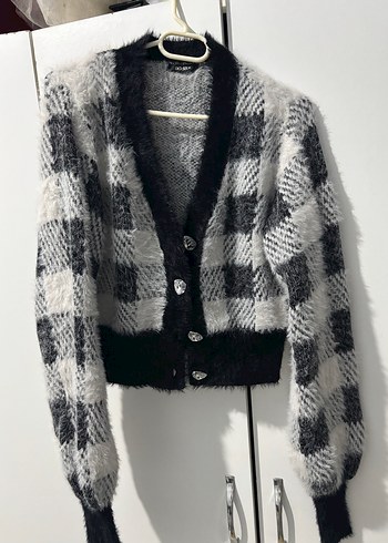 Gri Kareli Kürklü Örgü Hırka - Görsel 3