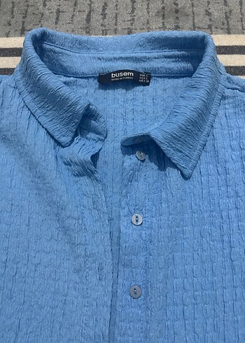 Mavi Kısa Kollu büzgülü Gömlek - Görsel 3