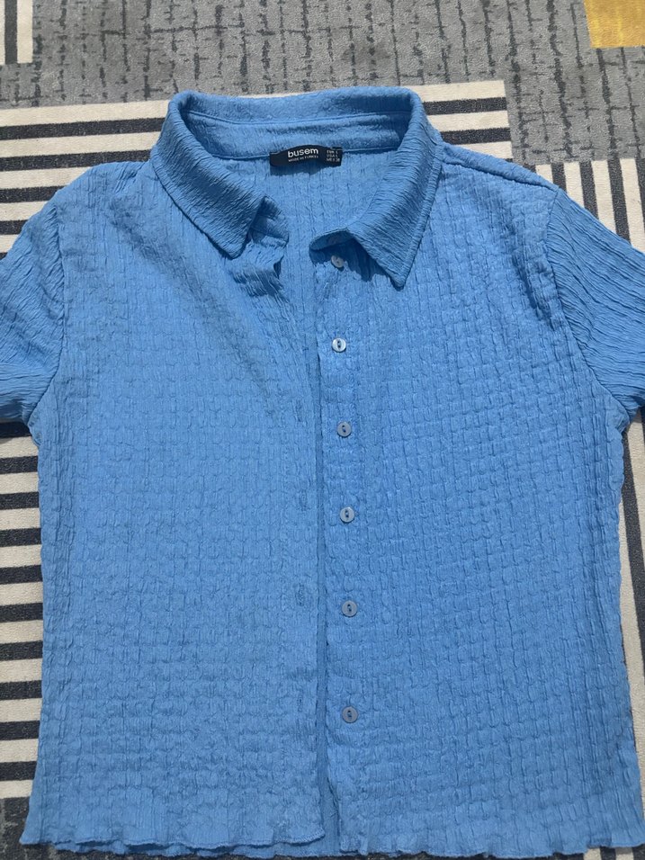 Mavi Kısa Kollu büzgülü Gömlek - Görsel 2