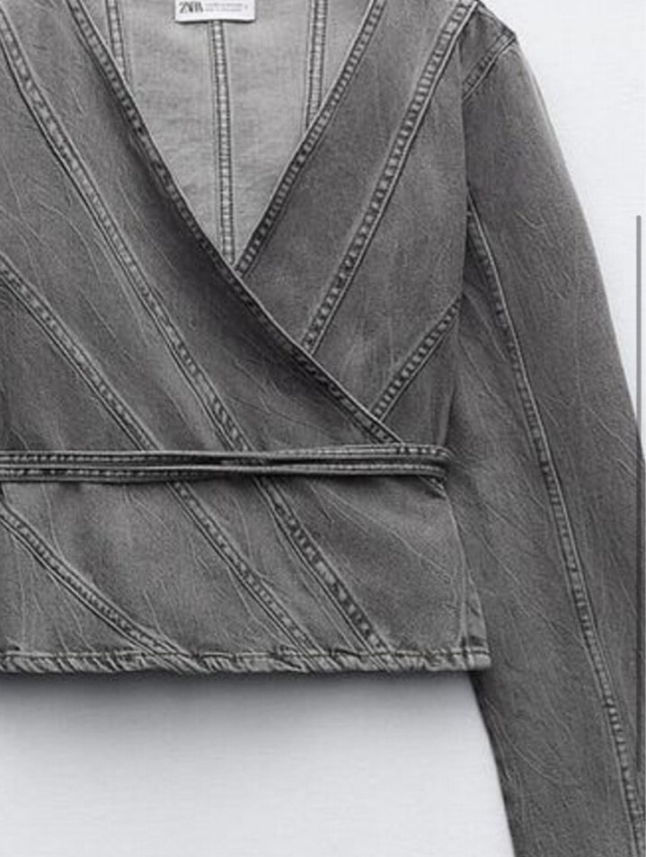 Kadın Gri Kemerli Denim Ceket bluz - Görsel 2