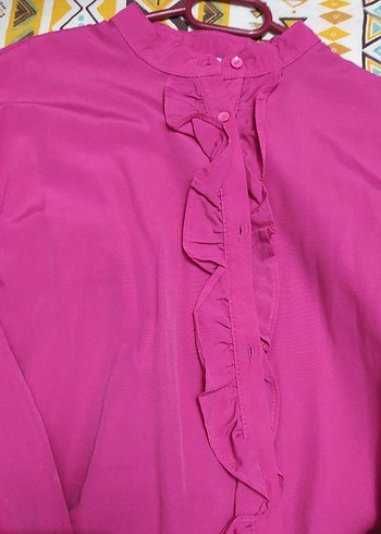 Pembe, Fırfırlı, Uzun Kollu Hamile Bluzu - Görsel 4