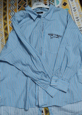 Mavi Çizgili Pamuklu Kadın Gömlek - Görsel 3