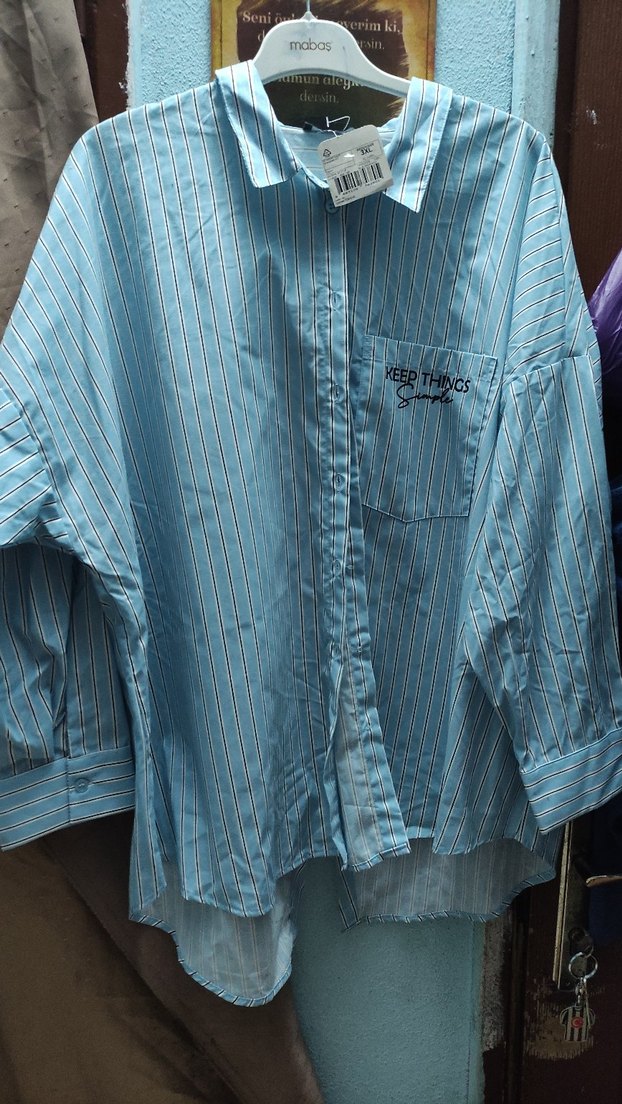 Mavi Çizgili Pamuklu Kadın Gömlek - Görsel 2