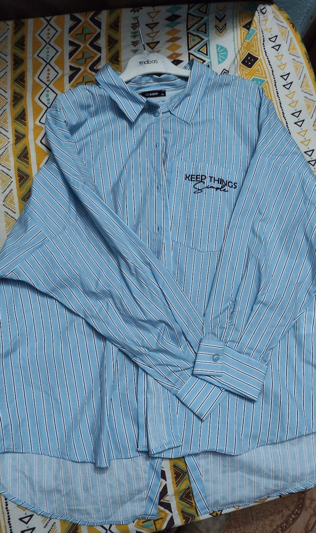 Mavi Çizgili Pamuklu Kadın Gömlek - Görsel 3