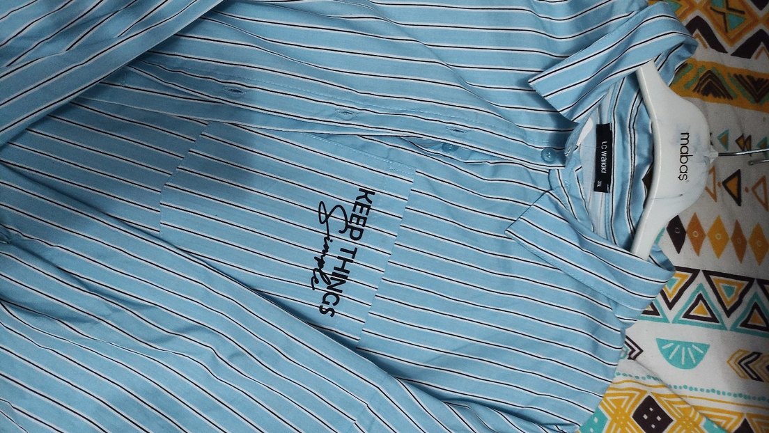 Mavi Çizgili Pamuklu Kadın Gömlek - Görsel 4