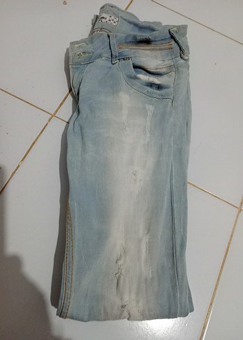 l Beden Deri Tokalı Mavi Kadın Denim Pantolon