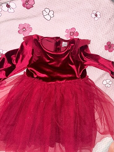 Bordo kırmızı tüllü kız bebek elbise