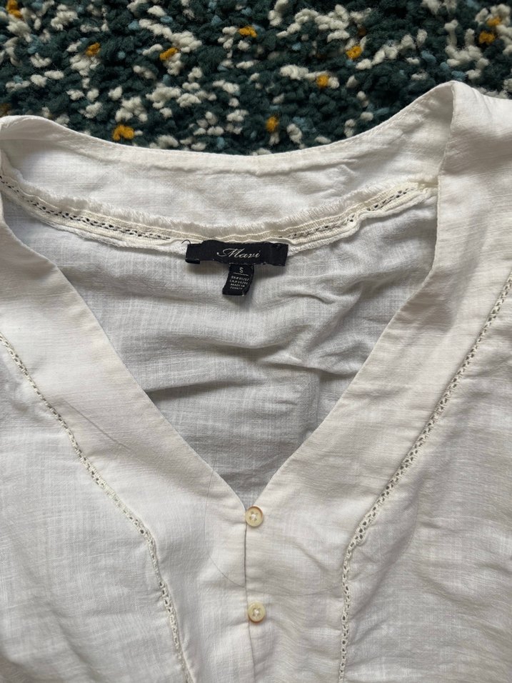 Pamuklu Beyaz Bohem Düğmeli Bluz - Görsel 5