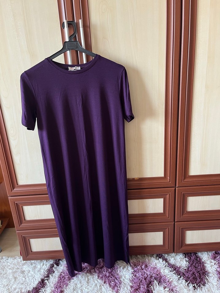 Mor Midi Kadın Elbise, Kısa Kollu - Görsel 5