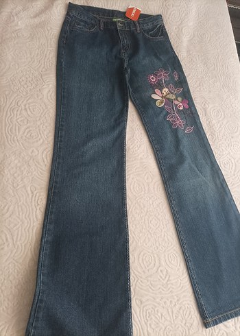 Nakışlı Mavi Bol Kesim Midi Kot Pantolon